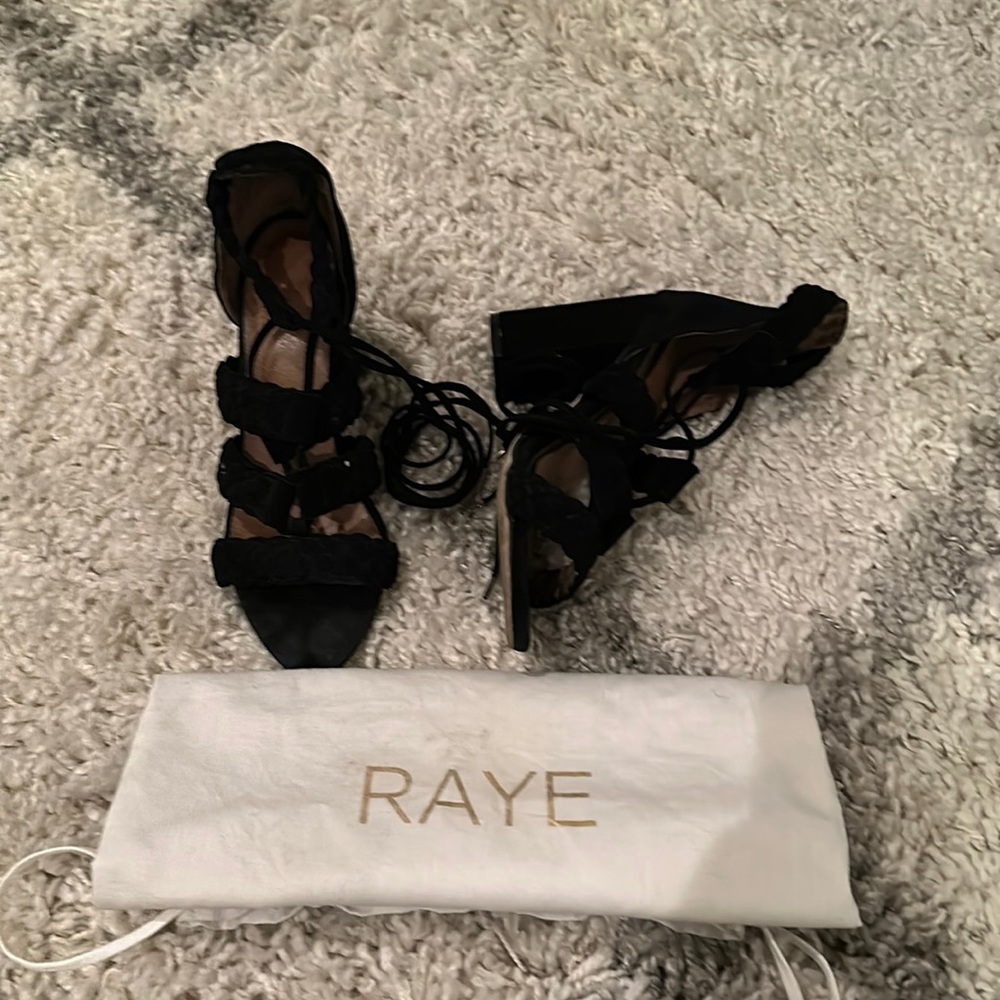 RAYE Black Suede Braided Strappy Ankle Tie Heels Size 7.5